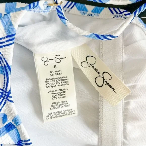 Jessica Simpson Small Bodysuit Bathing Suit Checkered Blue White Open Front Bow